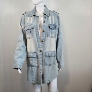 Tanming Light Wash Denim Distressed Jacket Long Sleeve Women Large